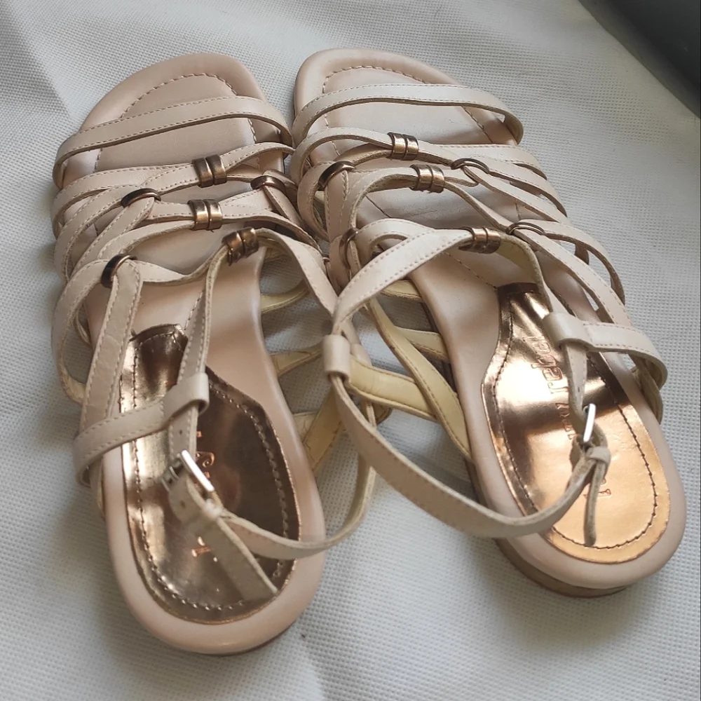 Luxury Rebel Blush Leather Designer Strappy Low Wedge Sandal